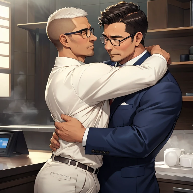 score_9, score_8_up, score_7_up, source_anime, 1boy, 1boy, mature male is smiling, father and son, ???, son's back against the wall, in a kitchen, ass grab, night time, business suit, kissing gently