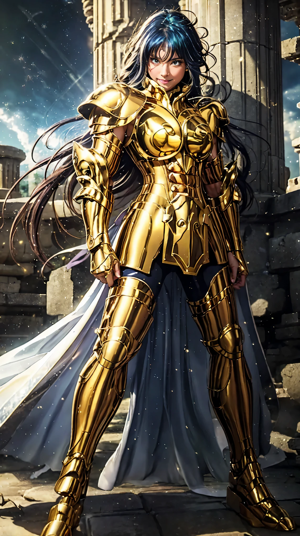 A girl in a fighting pose, standing tall and proud. whole body, feminine details, like a Saint Seiya cosplay girl, top quality, very detailed RAW color photo, sharp focus, 8k high definition, long shiny dark blue hair, (((large breasts, large cleavage))), curvy body, slim waist, (exposed stomach), Ultra-detailed, intricately detailed fantasy art, Stunning character art, Beautiful and enchanting character art, wearing Saint Seiya armor, golden-green armor, golden-green armor, shiny armor, zodiac girl knight with intricate details, golden-green armor with intricate details, wearing golden-green armor. dramatic, tight transparent green underwear under the armor, glowing green eyes, intricate detailed golden-green leg armor, shiny golden-green shoulder armor, reflections on the armor, golden-green helmet, transparent green ribbons, sparkling green armor, tight transparent green vinyl, gentle smile, Very detailed, A girl in shimmering armor, striking a cool pose, a heroic stance, standing tall, with a gentle smile, stunning visuals, (dynamic lines, light trails:1.2), against a backdrop of ancient Greek buildings that are ruined and shattered.