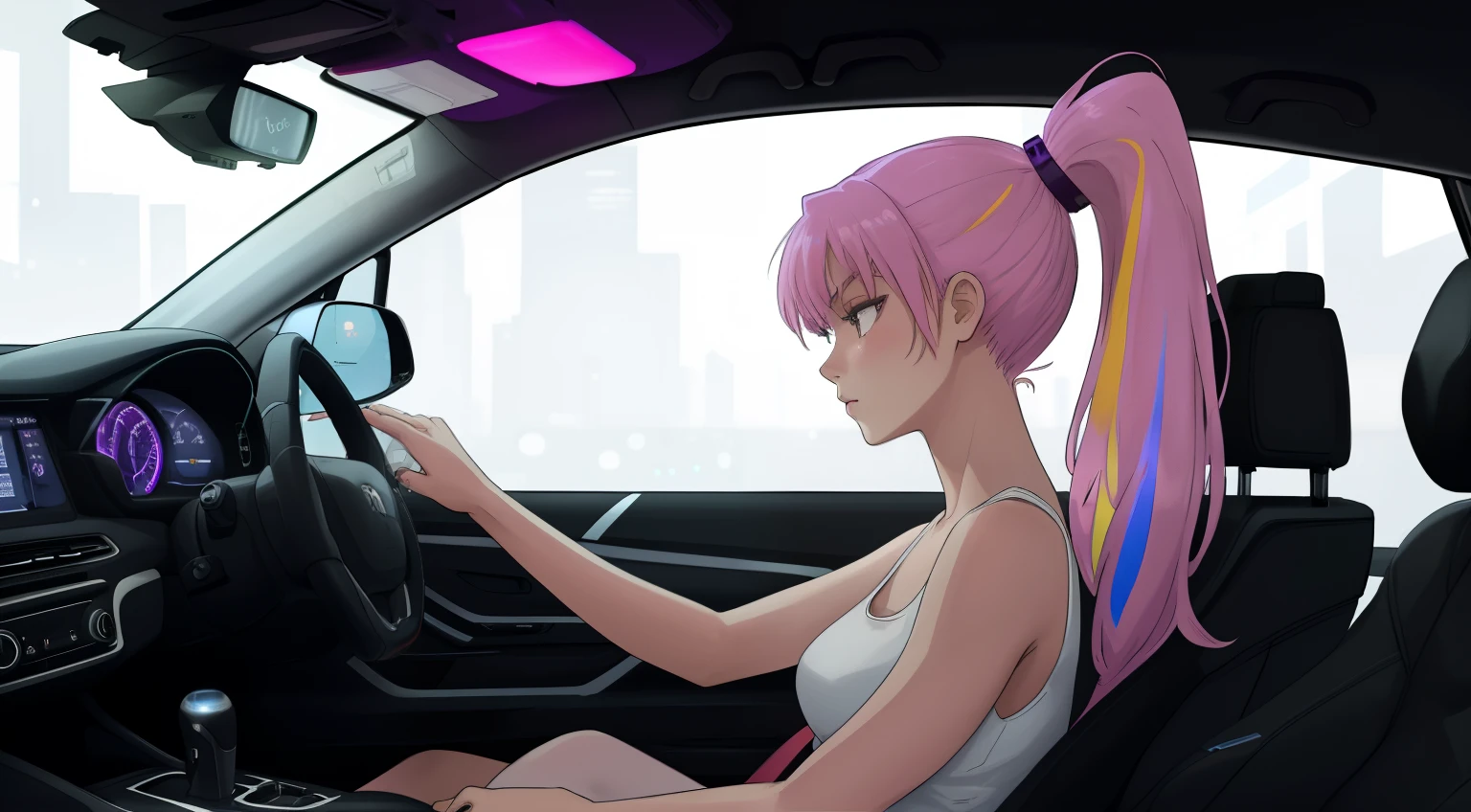 "An anime-style a woman with long purple hair and pink highlights tied in a ponytail, sitting in the driver's seat of a car. The angle is from the front passenger seat, capturing her side profile with a clear view of her face, softly illuminated by the glow of the car’s dashboard lights. Her expression is calm and introspective as she gazes out of the driver's side window into the night.

She is wearing a plain white tank top, creating a minimalist and casual appearance. Her right hand is firmly gripping the upper part of the steering wheel at the 12 o'clock position, while her left hand rests casually on the lower left side of the wheel, around the 8 o'clock position, maintaining a relaxed yet attentive driving posture. The interior of the car features subtle neon purple lighting, enhancing the futuristic and cyberpunk ambiance.

Outside the window, a vibrant urban cityscape is visible, with tall, glowing skyscrapers and scattered streetlights under a clear, starry sky. The overall atmosphere is quiet and reflective, blending modern technology and emotional depth. She exudes a sense of individuality and calmness, perfectly suited for a late-night drive. No cigarettes or smoke are present, ensuring a clean and serene vibe."