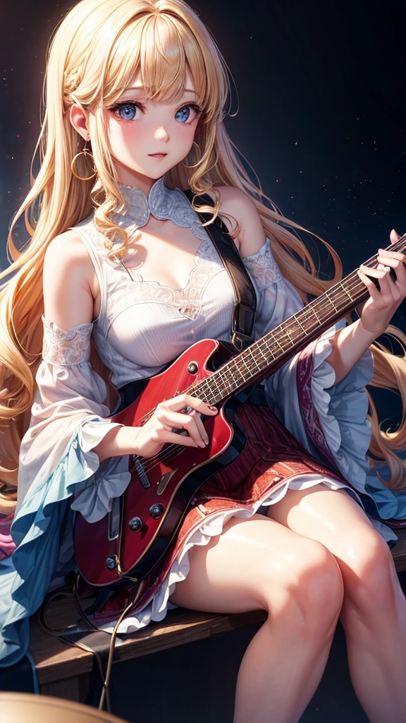 Alphonse Mucha's zodiac signs like、babes、a blond、hyper huge breasts、hair adornments、I have a beautiful and delicately decorated musical instrument、guitar