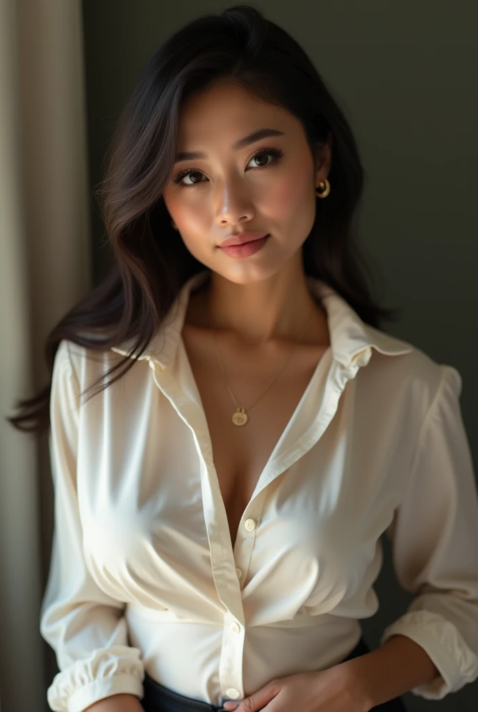 stunning uzbek flirty model, sitting on couch, crossed legs, short black skirt, unbuttoned white shirt, messy wavy hair, voyeuristic, intimate, soft light, warm glow on her face and body, soothing, high-detail skin, hdr