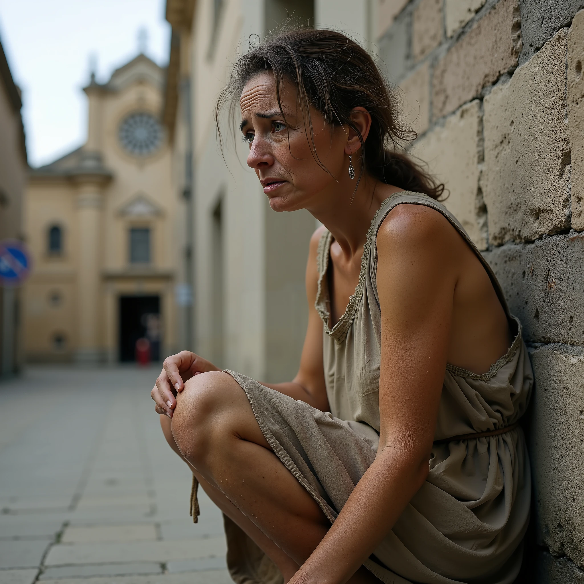 close-up of a sad woman, torn beige dress, small twine around hips, dirty skin, dust on skin, leaning down on a tuff wall in Matera. Croaching down. One hand on the ground. Photorealistic image. cathedral in blurred background.
