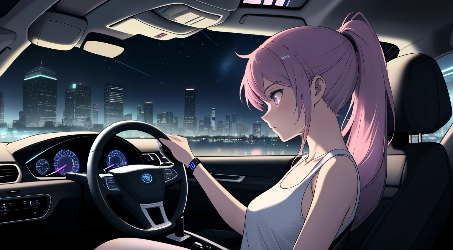 "An anime-style a woman with long purple hair and pink highlights tied in a ponytail, sitting in the driver's seat of a car. The angle is from the front passenger seat, capturing her side profile with a clear view of her face, softly illuminated by the glow of the car’s dashboard lights. Her expression is calm and introspective as she gazes out of the driver's side window into the night. She is wearing a plain white tank top, creating a minimalist and casual appearance. Her right hand is firmly gripping the upper part of the steering wheel at the 12 o'clock position, while her left hand rests casually on the lower left side of the wheel, around the 8 o'clock position, maintaining a relaxed yet attentive driving posture. The interior of the car features subtle neon purple lighting, enhancing the futuristic and cyberpunk ambiance. Outside the window, a vibrant urban cityscape is visible, with tall, glowing skyscrapers and scattered streetlights under a clear, starry sky. The overall atmosphere is quiet and reflective, blending modern technology and emotional depth. She exudes a sense of individuality and calmness, perfectly suited for a late-night drive. No cigarettes or smoke are present, ensuring a clean and serene vibe."
