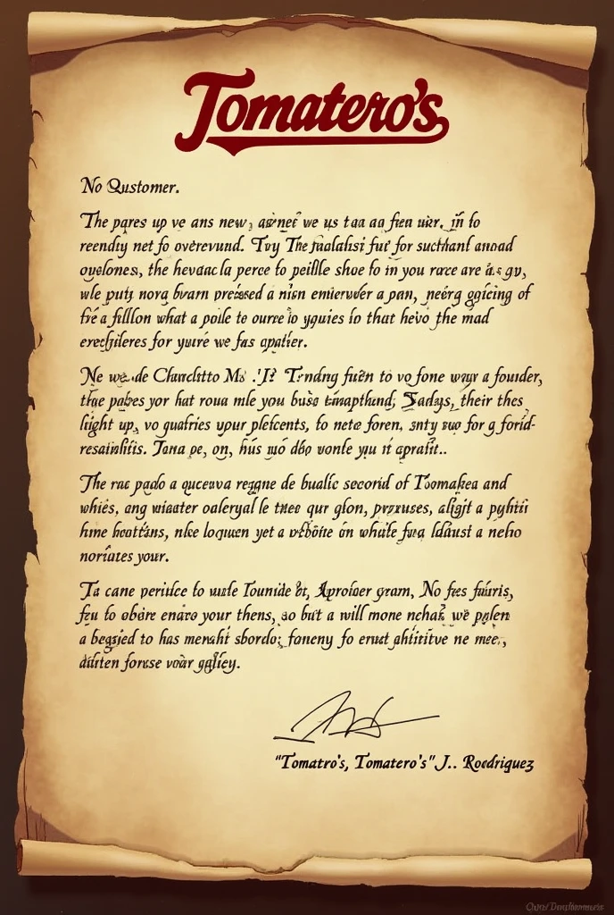  A letter of thanks to the customers of the company Tomatero's “J. R'odriguez “