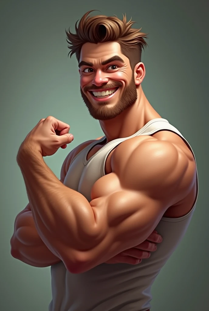 Handsome muscular shirtless brown haired man laughing standing in front of a metal pole, hands above head and handcuffed to the pole with stationary_restraints , metal rods with circular sponges touching his armpits and brushing his armpits
