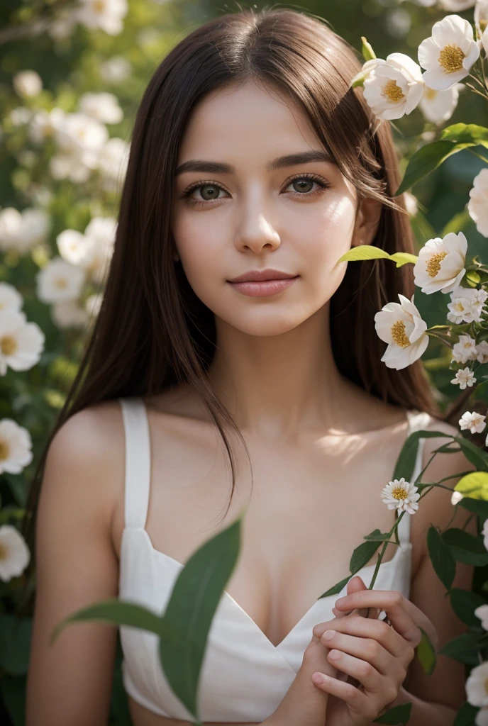 (ultra realistic) , (illustration), (increase resolution), (8K), (extremely detailed), (best illustration), (beautiful detailed eyes), (best quality), (ultra-detailed), (masterpiece), (wallpaper), (detailed face), solo,1 girl, looking at viewers, black straight hair, delicate details, in the dark, deep shadow, low key, pureerosfaceace_v1, happy smile, plump breasts, summer dress, full body, flower garden
