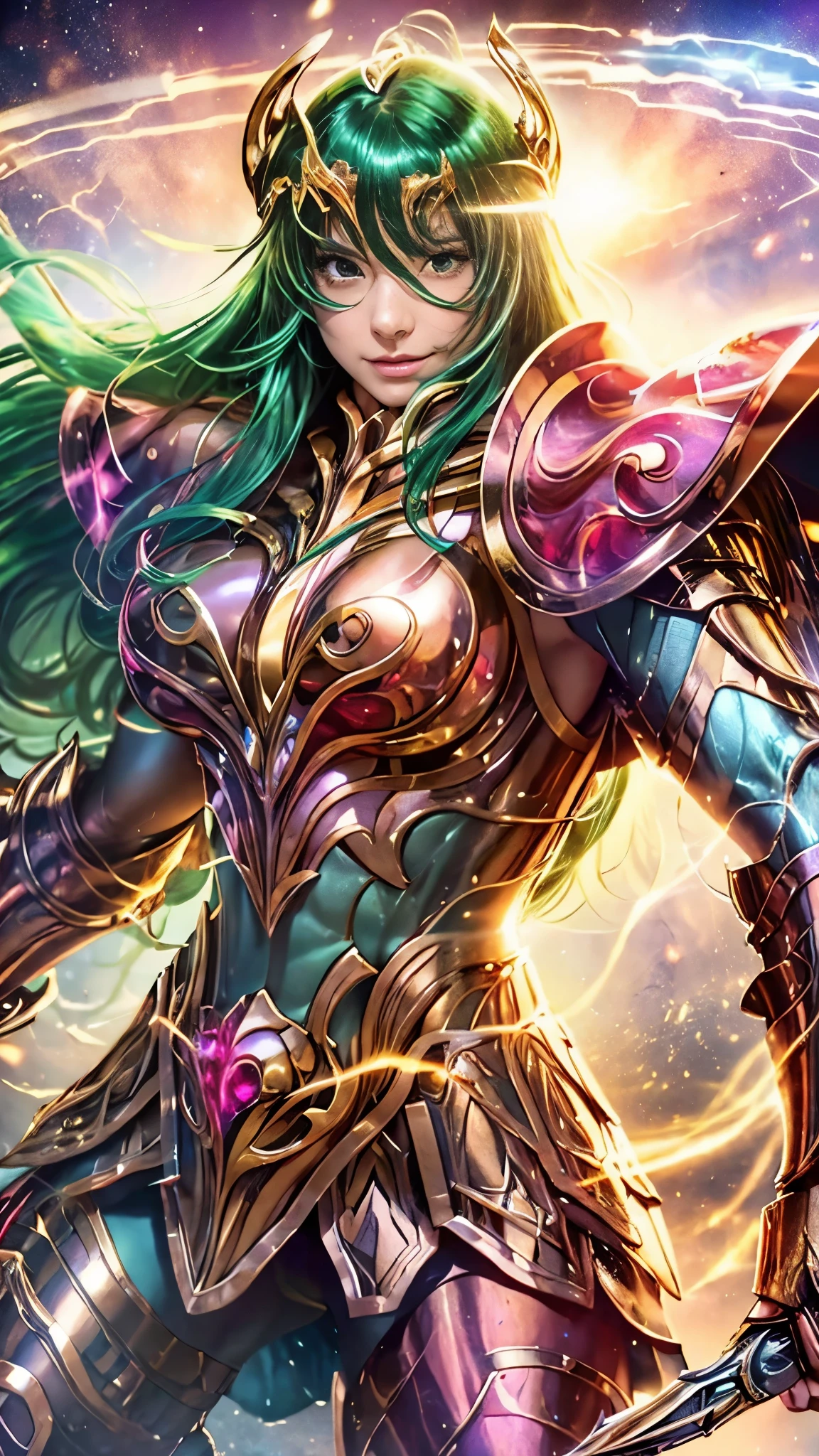 A girl in a fighting pose, standing tall and proud. whole body, feminine details, like a Saint Seiya cosplay girl, top quality, very detailed RAW color photo, sharp focus, 8k high definition, long shiny dark blue hair, (((large breasts, large cleavage))), curvy body, slim waist, (exposed stomach), Ultra-detailed, intricately detailed fantasy art, Stunning character art, Beautiful and enchanting character art, wearing Saint Seiya armor, golden-green armor, golden-green armor, shiny armor, zodiac girl knight with intricate details, golden-green armor with intricate details, wearing golden-green armor. dramatic, tight transparent green underwear under the armor, glowing green eyes, intricate detailed golden-green leg armor, shiny golden-green shoulder armor, reflections on the armor, golden-green helmet, transparent green ribbons, sparkling green armor, tight transparent green vinyl, gentle smile, Very detailed, A girl in shimmering armor, striking a cool pose, a heroic stance, standing tall, with a gentle smile, stunning visuals, (dynamic lines, light trails:1.2), against a backdrop of ancient Greek buildings that are ruined and shattered.