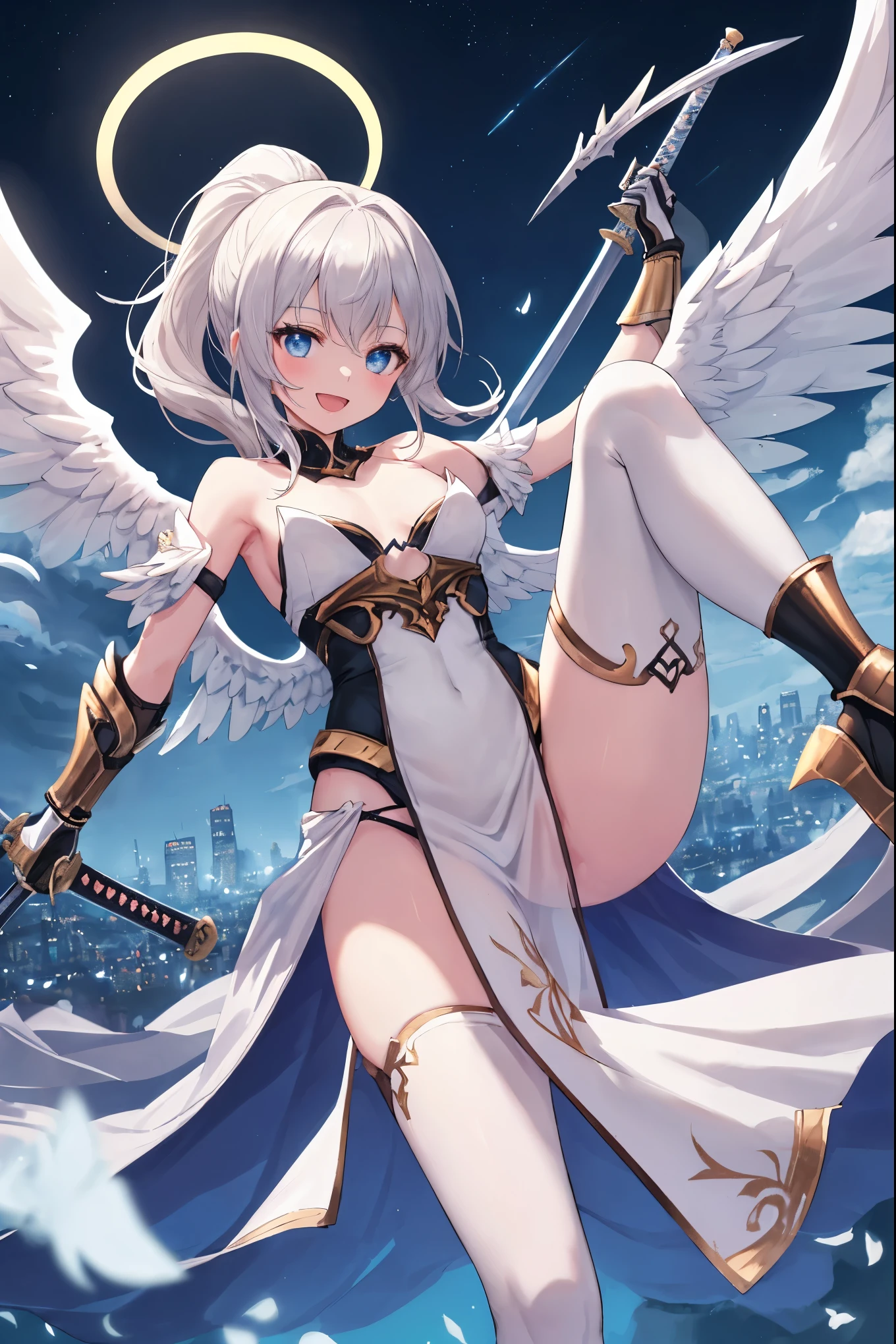 fantasy, 1angel_girl, loli,dk_color_hair, medium_bob_hair, long_bangs, halo,bare_shoulder,thighhighs,silver_armor, waist_armor, large_breasts,angry,smile, grin,shiny_teeth,1pair_wings, dynamic_ pose_fighting,floating, bare_crotch, covered_nipples, covered_pussy,headgear,gauntlet, greaves, pelvic_curtain, city_sky_background,slightly_spread_legs, solo, groin_naked,(masterpiece, best quality, best quality, official art, beautiful and aesthetic:1.2), (1 girl), very detailed,