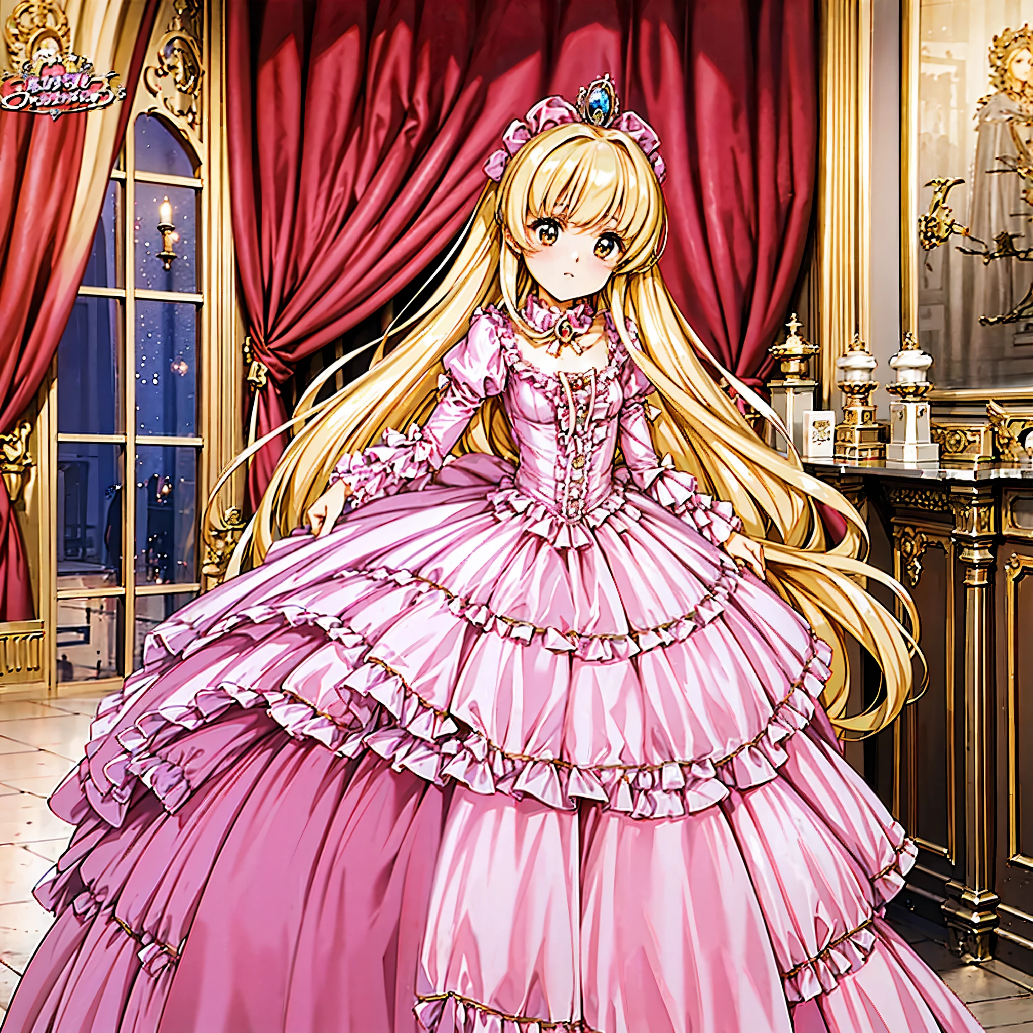 A cute Princess,, ((hot pink Silk Satin Victorian big Ball Gown Dress.:1.0)), girl,baby face,short taleeves,The dress is decorated with lots of frills and ribbons., blond wave Long hair that reaches down to the waist,They are wearing princess tiara on the head,in the luxurious European rococo style palace,