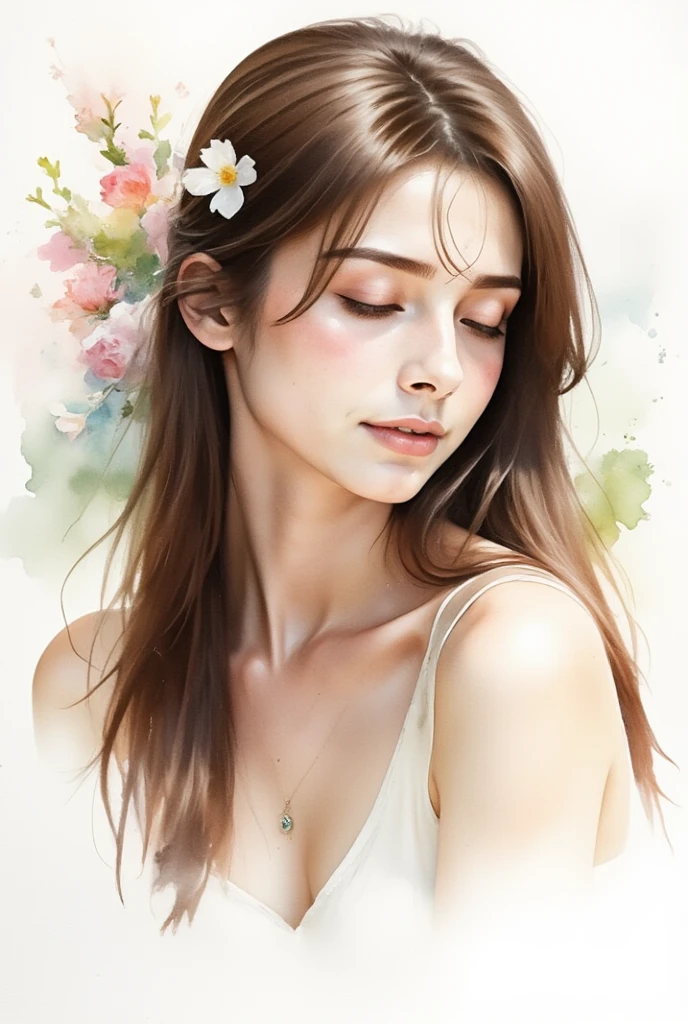 A stunning watercolor portrait of a young woman in a contemplative posture, with her eyes closed and her hair flowing gracefully around her face. The artist masterfully uses soft washes of pastel colors to create an ethereal and dreamy atmosphere, with delicate brush strokes that capture the essence of emotion and introspection. The serene background subtly incorporates hints of nature, blending seamlessly with the colors of the woman's hair. This highly detailed illustration is a true exquisite masterpiece, showcasing the artist's exceptional skill in the watercolor style.