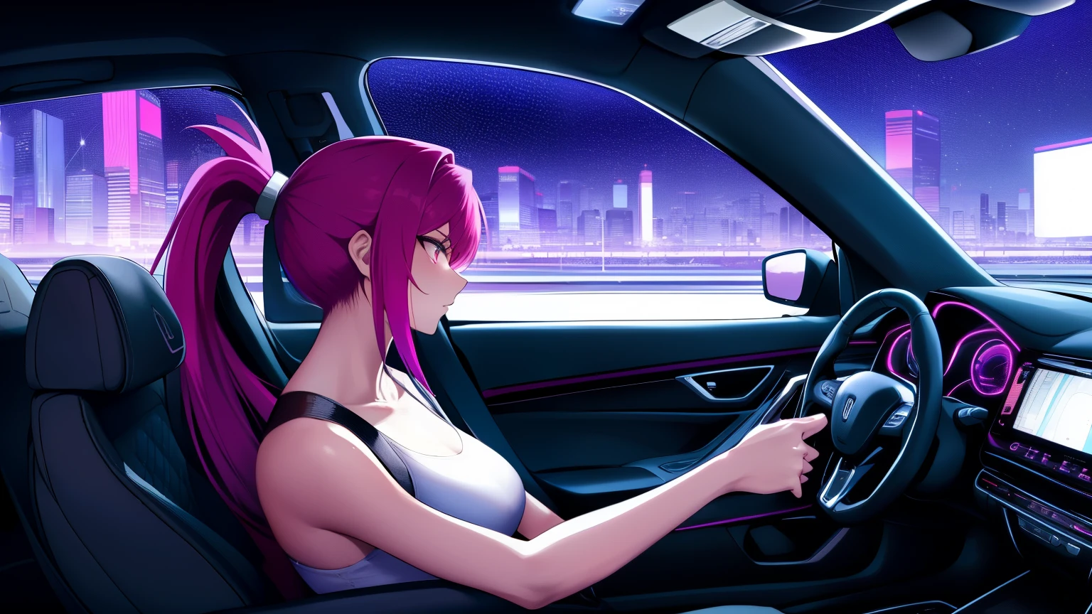 "An anime-style a woman with long purple hair and pink highlights tied in a ponytail, sitting in the driver's seat of a car. The angle is from the front passenger seat, capturing her side profile with a clear view of her face, softly illuminated by the glow of the car’s dashboard lights. Her expression is calm and introspective as she gazes out of the driver's side window into the night. She is wearing a plain white tank top, creating a minimalist and casual appearance. Her right hand is firmly gripping the upper part of the steering wheel at the 12 o'clock position, while her left hand rests casually on the lower left side of the wheel, around the 8 o'clock position, maintaining a relaxed yet attentive driving posture. The interior of the car features subtle neon purple lighting, enhancing the futuristic and cyberpunk ambiance. Outside the window, a vibrant urban cityscape is visible, with tall, glowing skyscrapers and scattered streetlights under a clear, starry sky. The overall atmosphere is quiet and reflective, blending modern technology and emotional depth. She exudes a sense of individuality and calmness, perfectly suited for a late-night drive. No cigarettes or smoke are present, ensuring a clean and serene vibe."