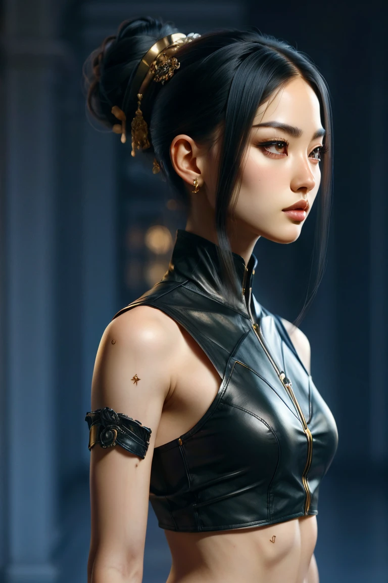 A striking female character with long, sleek black hair adorned with elegant golden accessories, including a subtle headband. Her piercing red eyes exude a sense of determination and mystery. She carries a thin, ornate blade or dagger, symbolizing grace and precision. The character is dressed in a fitted black outfit with elegant, minimalist details that emphasize her refined yet dangerous aura. The scene allows for creative interpretation, focusing on her distinctive appearance and iconic elements