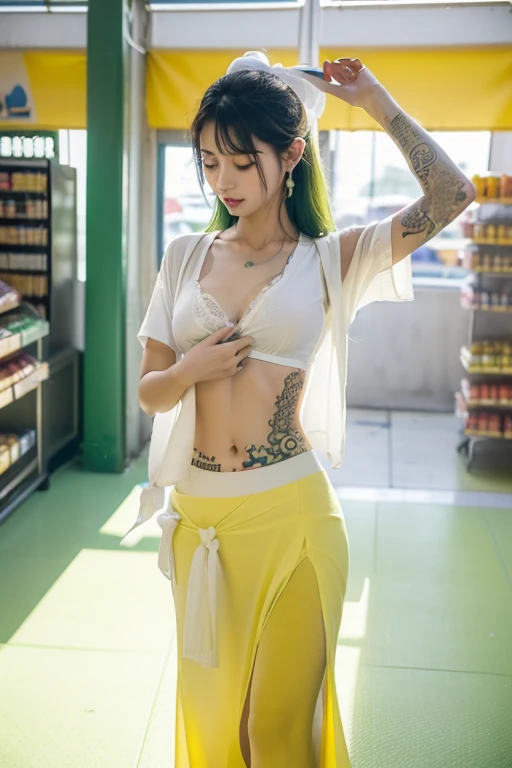 ((Benevolent voluptuous ((Laotian)) 18 yo barista)) sitting at wooden table while intently reading, (wearing tight sheer streetwear outfit), tattoos on arms and legs, wearing smartwatch, high quality photo, sitting in the middle of the quiet (dense 420 themed cafe with copious potted cannabis sativa plants) during golden hour