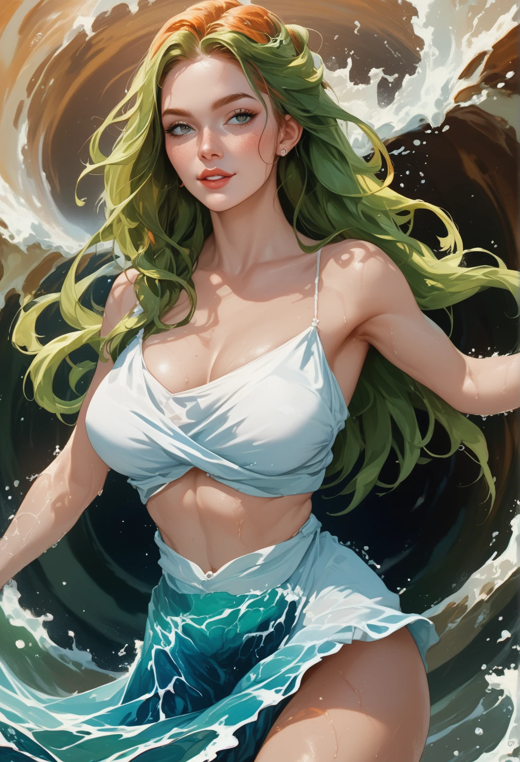 ((top-quality, 8K)), (Realistic), (Face Focus: 1.1), (green and yellow: 1.3), Body from the waist up, Hair fluttering in the wind, Facing to the side, lustful expression, Eyes closed, F Cup Breasts, Countless soap bubbles, psychedelic background, deep v