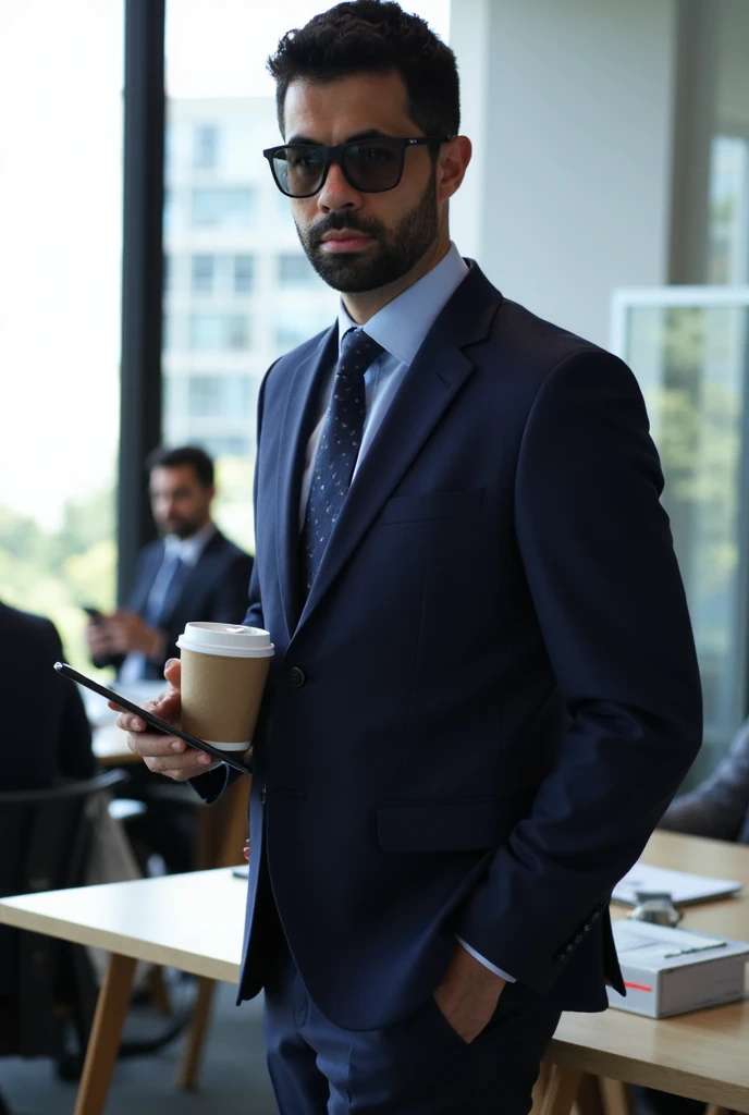 ((score_9, score_8_up, score_7_up, score_6_up)). Pivalora2, a 26-year-old man with short black hair in a military skinhead cut, sunglass, bright brown eyes, is in a working pose, holding a tablet in one hand and a coffee in the other. He is dressed in a dark blue executive suit. The setting is a modern office with work tables, computers, and large windows. The natural light creates soft reflections and gentle shadows, highlighting the character's concentration and determination. He is in a working stance, with his body balanced and ready for action, moving with his hair and suit swaying gently in the wind. The environment is professional and modern, with natural lights and soft shadows. The composition is balanced, with the character at the center of attention, surrounded by the professional elements of the modern office. The underlying narrative suggests a story of success and efficiency, with the character facing challenges with concentration and emerging as a skilled and determined figure. Close_up (((straight_on))), handfixer