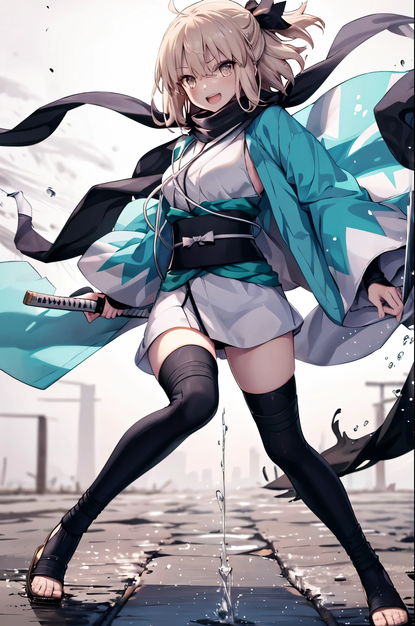 meticulous details, good composition, , cute face, perfect face, perfect hands, 1****_girl,okita souji \(FGO\), okita souji \(fate\), pale_pink_ponytail,black_bow,sleeveless_white_short_kimono,
 smile,happy,gold_half_eyes, thigh-highs, straw_sandals,medium_breasts, midriff , fighting_pose ,town_background,black_long_scarf,knees, bragging_face, black_cloth_gauntlet,apart_legs,open_mouth,rise_arms, bare_elbows