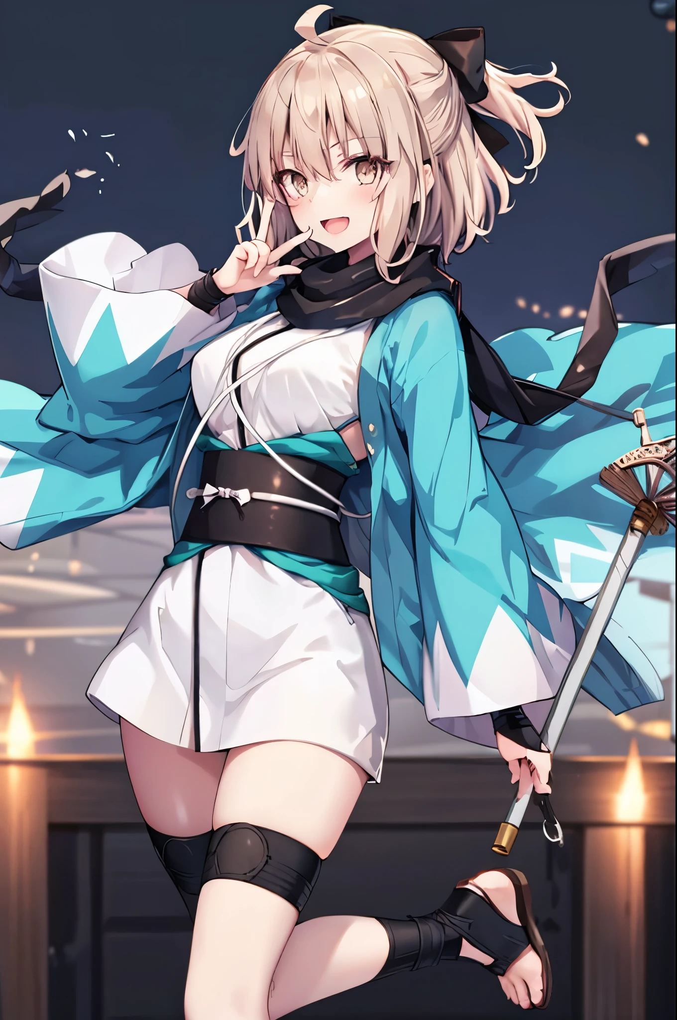 meticulous details, good composition, , cute face, perfect face, perfect hands, 1****_girl,okita souji \(FGO\), okita souji \(fate\), pale_pink_ponytail,black_bow,sleeveless_white_short_kimono,
 smile,happy,gold_half_eyes, thigh-highs, straw_sandals,medium_breasts, midriff , fighting_pose ,town_background,black_long_scarf,knees, bragging_face, black_cloth_gauntlet,apart_legs,open_mouth,rise_arms, bare_elbows