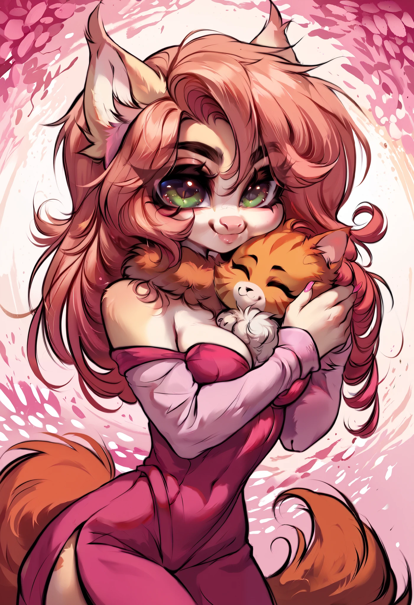 (masterpiece, anthropomorphic fantasy anime style, creative art), anthro cartoon cat with a pink background, cel shaded!!!, arm around the neck, furson!!!!, shading!!!, catgirl, clean cel shaded, furry art!!!, fur covering the chest, ((messy)), (sfw) safe for work, big cheeks, cartoon cute, furson art, curvy, sexy beauty, voluptuous, expressive, cheerful, smiling, harmonious colors, dynamic composition, cinematic lighting, highly detailed, 8k, concept art style