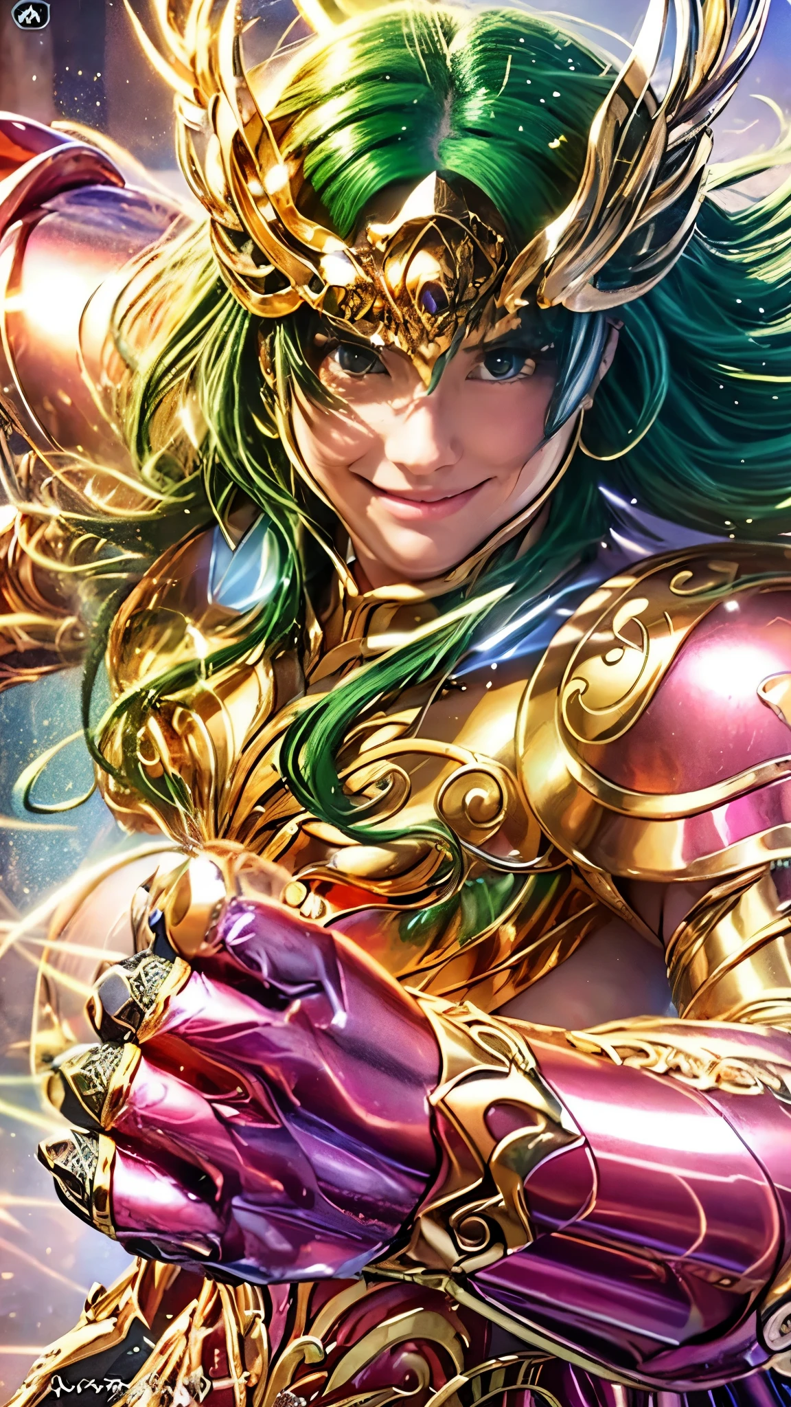 A girl in a fighting pose, standing tall and proud. whole body, feminine details, like a Saint Seiya cosplay girl, top quality, very detailed RAW color photo, sharp focus, 8k high definition, long shiny dark blue hair, (((large breasts, large cleavage))), curvy body, slim waist, (exposed stomach), Ultra-detailed, intricately detailed fantasy art, Stunning character art, Beautiful and enchanting character art, wearing Saint Seiya armor, golden-green armor, golden-green armor, shiny armor, zodiac girl knight with intricate details, golden-green armor with intricate details, wearing golden-green armor. dramatic, tight transparent green underwear under the armor, glowing green eyes, intricate detailed golden-green leg armor, shiny golden-green shoulder armor, reflections on the armor, golden-green helmet, transparent green ribbons, sparkling green armor, tight transparent green vinyl, gentle smile, Very detailed, A girl in shimmering armor, striking a cool pose, a heroic stance, standing tall, with a gentle smile, stunning visuals, (dynamic lines, light trails:1.2), against a backdrop of ancient Greek buildings that are ruined and shattered.