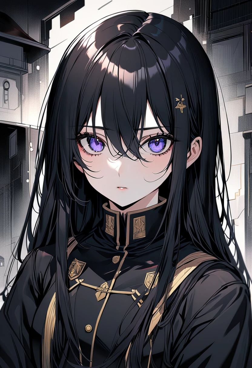 1 girl, black hair, hair between eyes, moles under the eyes, high detail, beautiful, long hair, ((black uniform)), academic cloth, (((uniform))), girlie academy uniform