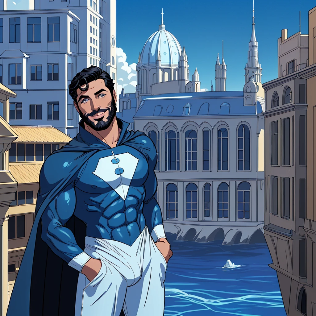 a superhero aged 30 to 35, mature face, adult face, bearded, black hair, short hair, blue eyes, male, mature man, muscular, white jumpsuit, blue swimsuit, cape, blue cape, planet symbol, jumpsuit planet beautiful sky beautiful city, smiling, buildings, day,