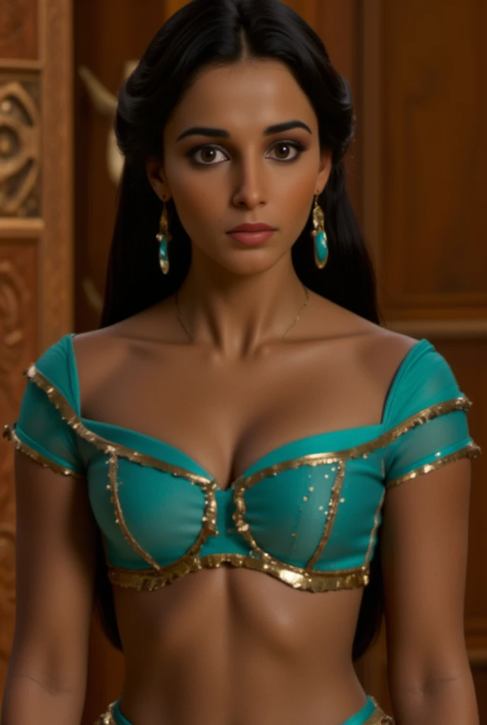 BustyPrincess Jasmine ( Naomi Scott),(big breasts), ultra realistic, photography, long black straight hair, elegant hair, ( hazel eyes, hourglass figure, perfect fit body, natural big breasts), femme fatale, Princess jasmine costume slit on the sides showing her thighs, oriental background, view from below her, front view