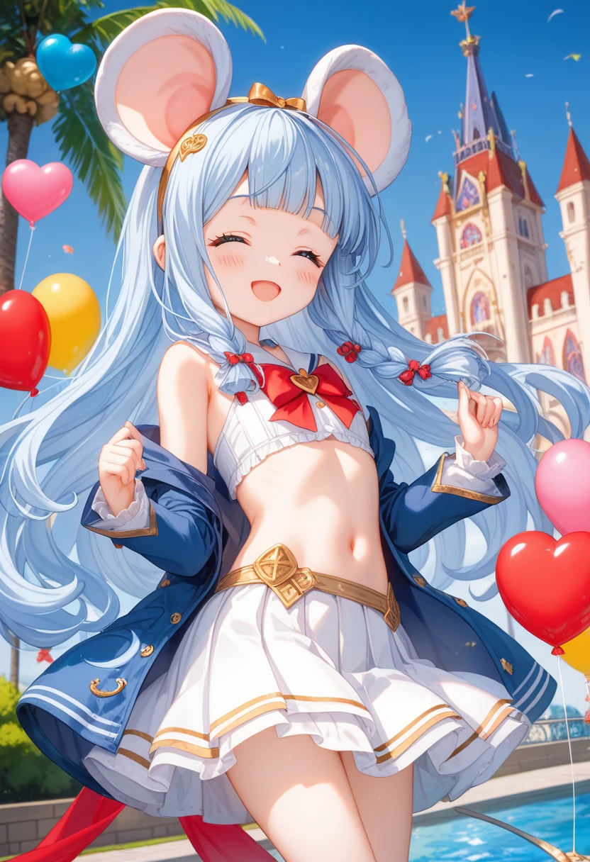 masterpiece, best quality, extremely detailed, (illustration, official art: 1.1), 1 girl, (((light blue long hair)))), (((light blue long hair))), light blue hair,, long hair ((blush)) , cute face, big eyes, masterpiece, best quality, (((a very delicate and beautiful girl)))), amazing, beautiful detailed eyes, blunt bangs (((little delicate girl)))), tareme (true beautiful: 1.2), sense of depth, dynamic angle,, (((tareme))), (true beautiful: 1.2), (tiny 1girl model: 1.2) (flat chest),masterpiece,best quality,high resolution,super fine Illustration,line art,line style(as style),watercolor (medium),Granblue fantasy style, 1girl, white mouse ears, white mouse ear headband with a small red and black ribbon in the middle, white belly button sailor blazer, red bow with a pink heart decoration in the middle,, a white pleated skirt that spreads out fluffily, a red pannier is visible from the hem of the skirt, has colorful balloons, Cinderella castle at night amusement park in the background,Girl make merry at the amusement park, mouth open, eyes closed, braids, exposed shoulders, BREAK (full shot:1.4),(commemorative photo:1.2),(Polaroid art:1.2), BREAK (amusement_park:1.6),(fountain:1.2),ferris wheel,available light,