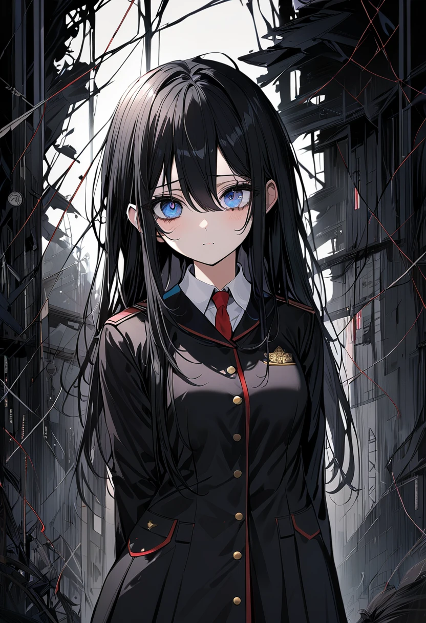 1 girl, black hair, hair between eyes, moles under the eyes, high detail, beautiful, long hair, ((black uniform)), academic cloth, (((uniform))), girlie academy uniform, very sad eye