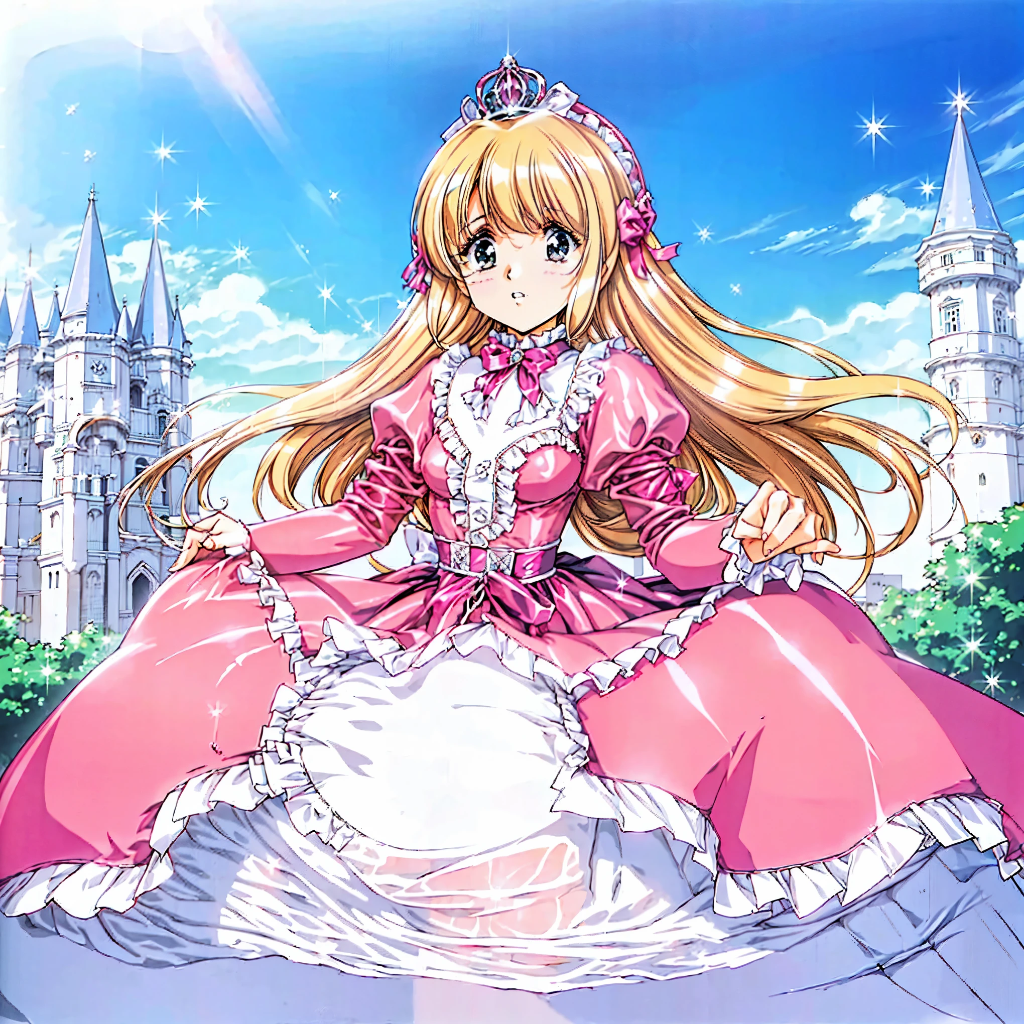 A cute Princess,, ((hot pink Silk Satin Victorian big Ball Gown Dress.:1.0)),Ten years old young girl,baby face,short tall,long sleeves,The dress is decorated with lots of frills and ribbons., blond wave Long hair that reaches down to the waist,They are wearing princess tiara on the head,in the luxurious European rococo style palace,