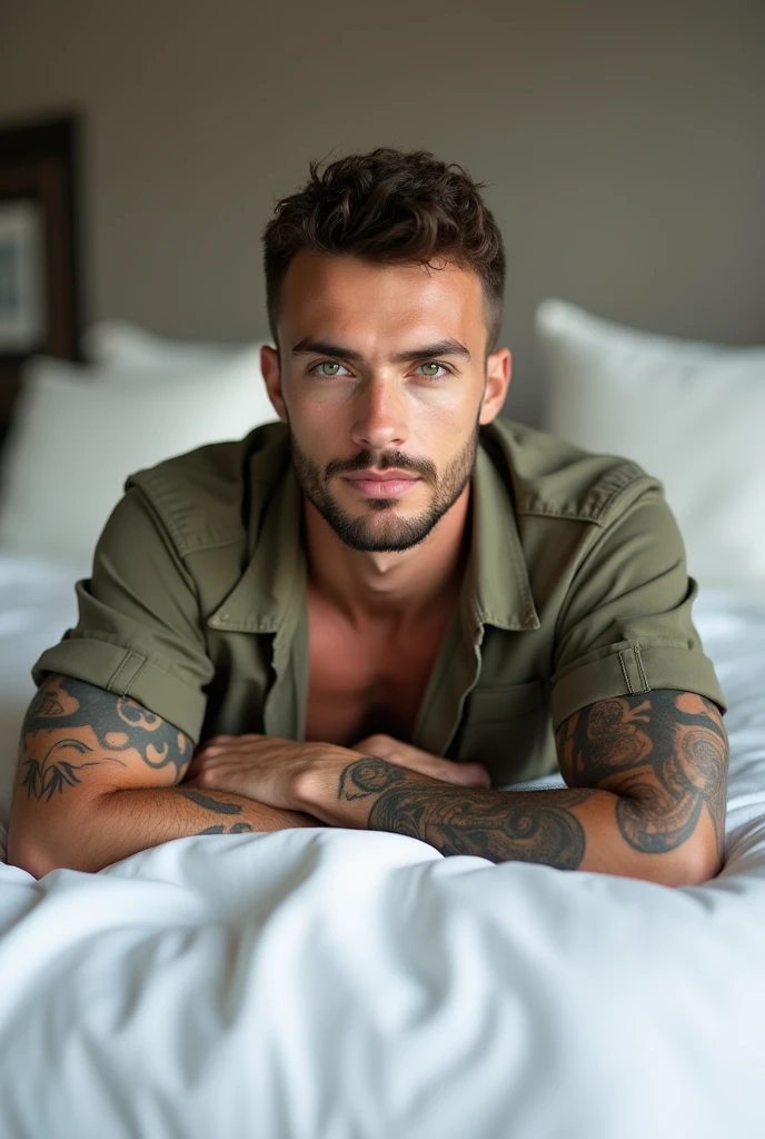 Sexy young man Rude gangster with black hair shaved on the sides with braids brown eyes thick lips athletic body masculine energy and sexy defined chin trimmed beard colored tattoo marked biceps wearing black colored man Muslim style lying on a bed without boxers and with a glass of wine in his hand