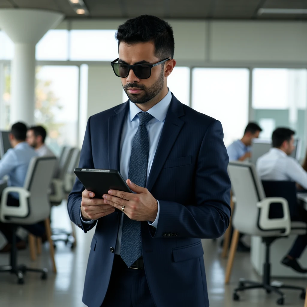 ((score_9, score_8_up, score_7_up, score_6_up)). Pivalora2, a 26-year-old man with short black hair in a military skinhead cut, sunglass, bright brown eyes, is in a working pose, holding a tablet in one hand and a coffee in the other. He is dressed in a dark blue executive suit. The setting is a modern office with work tables, computers, and large windows. The natural light creates soft reflections and gentle shadows, highlighting the character's concentration and determination. He is in a working stance, with his body balanced and ready for action, moving with his hair and suit swaying gently in the wind. The environment is professional and modern, with natural lights and soft shadows. The composition is balanced, with the character at the center of attention, surrounded by the professional elements of the modern office. The underlying narrative suggests a story of success and efficiency, with the character facing challenges with concentration and emerging as a skilled and determined figure. Close_up (((straight_on))), handfixer
