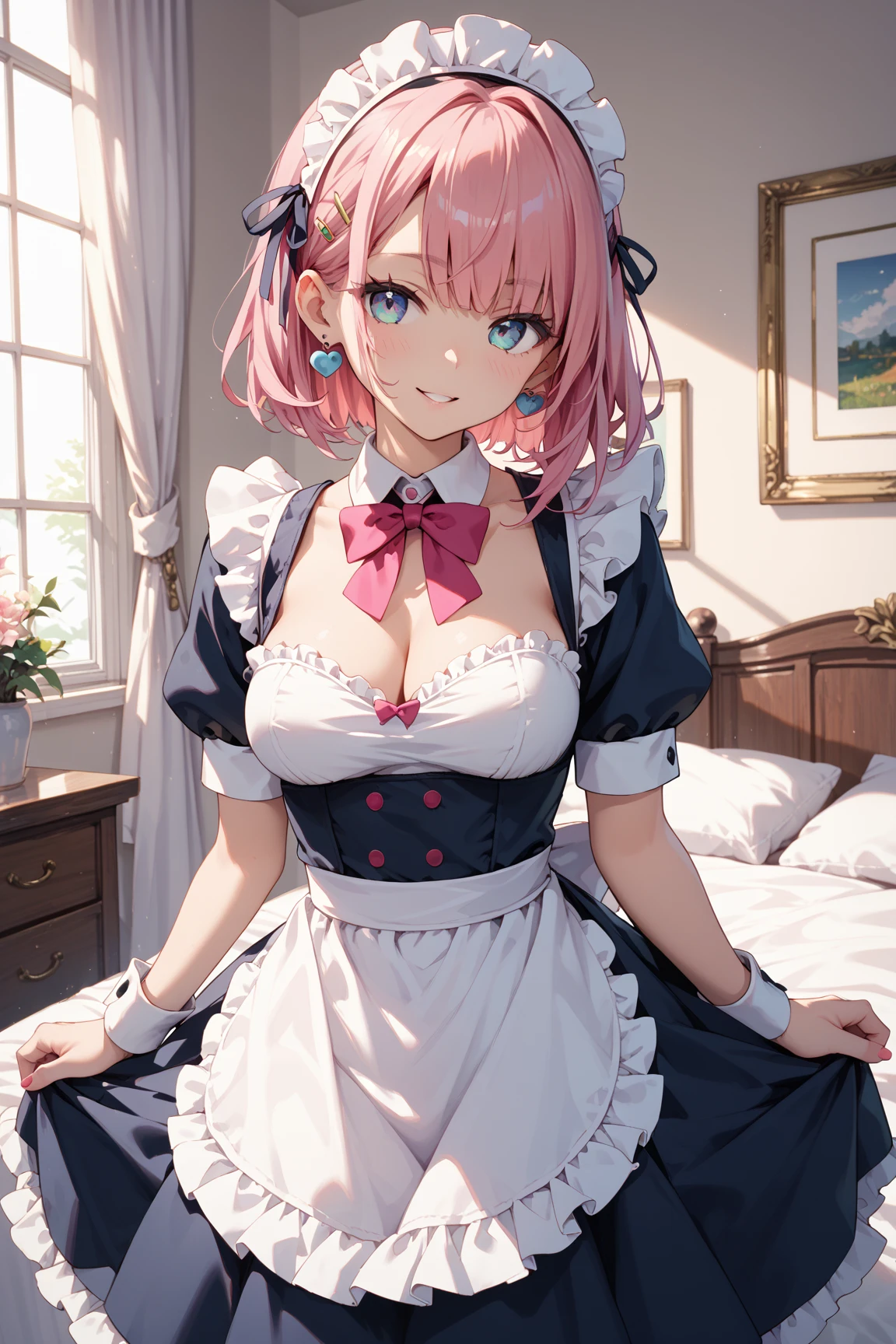 an anime art of a woman in maid uniform posing on top a bed, 1girl, breasts, solo, looking at viewer, apron, cleavage, skindentation, short hair, dress, thighhighs, pink hair, blue eyes, bangs, waist apron, blush, smile, bare shoulders, garter straps, collarbone, indoors, closed mouth, maid, short dress