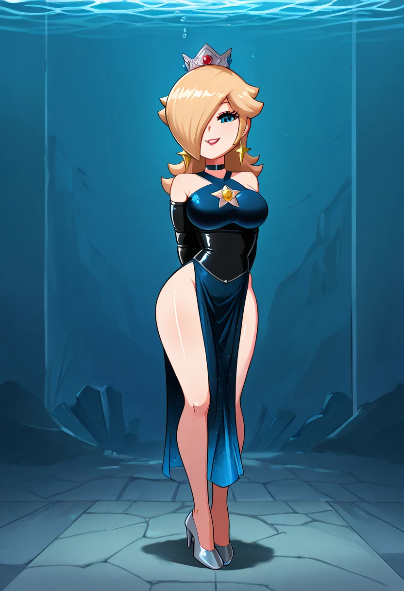 score_9, score_8_up, score_7_up, 1girl, Lora:Rosalina_XLPD:1,  (RslnSND, hair over one eye, crown, blue dress, bare shoulders, side slit, clothing cutout, choker, cleavage cutout, pelvic curtain, high heels, full body,  shiny dress, dark blue dress), wossarem style , smug, smug eyes, shiny skin, (full bodies in view) , perfect proportions, underwater, underwater drown. standing, bound arms, (arms behind back: 1.4), , (armbinder: 1.4), (front view), , free legs, free feet, Open legs.  Mouth cover, masked, (front view), complete body view, looking to the camera.