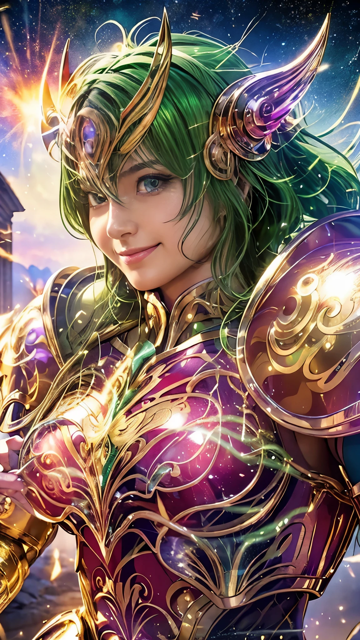 A girl in a fighting pose, standing tall and proud. whole body, feminine details, like a Saint Seiya cosplay girl, top quality, very detailed RAW color photo, sharp focus, 8k high definition, long shiny dark blue hair, (((large breasts, large cleavage))), curvy body, slim waist, (exposed stomach), Ultra-detailed, intricately detailed fantasy art, Stunning character art, Beautiful and enchanting character art, wearing Saint Seiya armor, golden-green armor, golden-green armor, shiny armor, zodiac girl knight with intricate details, golden-green armor with intricate details, wearing golden-green armor. dramatic, tight transparent green underwear under the armor, glowing green eyes, intricate detailed golden-green leg armor, shiny golden-green shoulder armor, reflections on the armor, golden-green helmet, transparent green ribbons, sparkling green armor, tight transparent green vinyl, gentle smile, Very detailed, A girl in shimmering armor, striking a cool pose, a heroic stance, standing tall, with a gentle smile, stunning visuals, (dynamic lines, light trails:1.2), against a backdrop of ancient Greek buildings that are ruined and shattered.