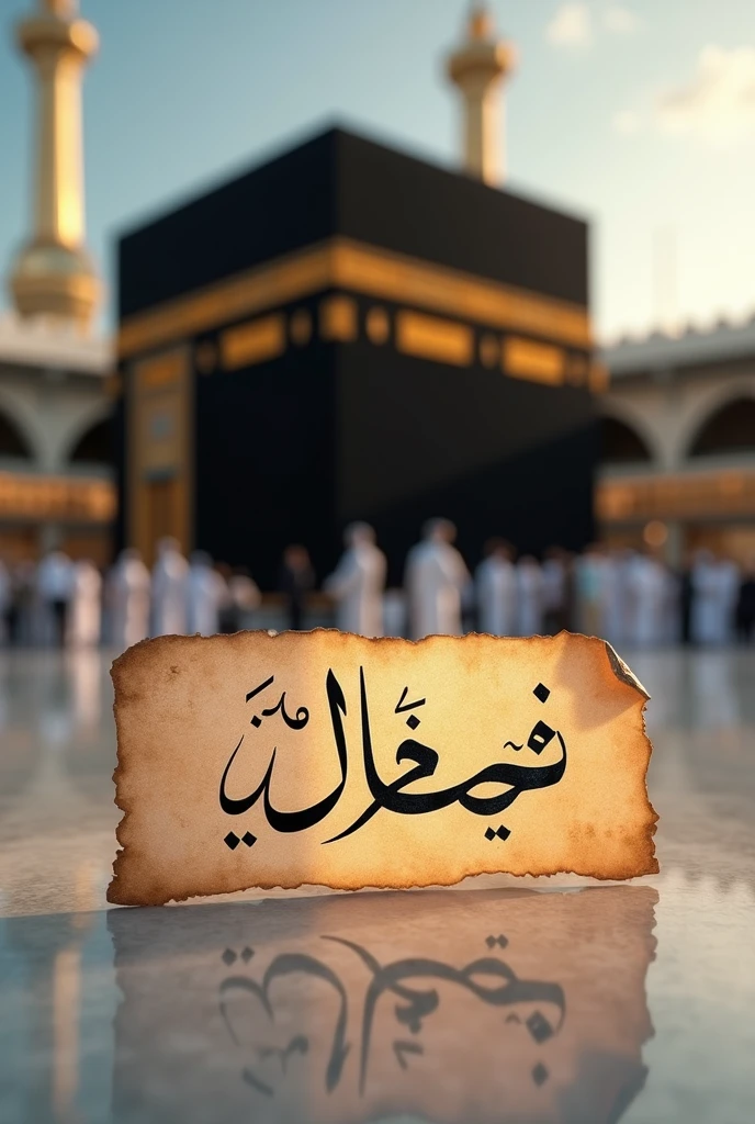 Write Muhammad Kashif name on paper in front of makkah 