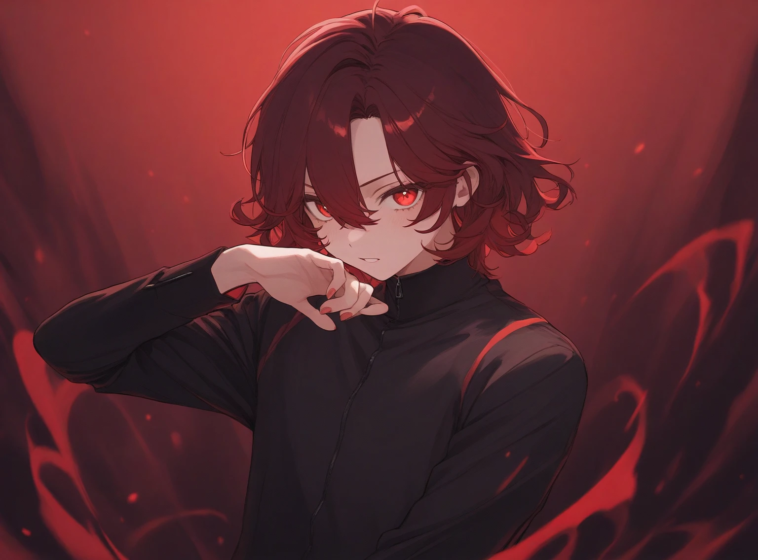  Create a male anime character in a black outfit with eyes glowing red with curly hair and rage, on a red background with red smoke 