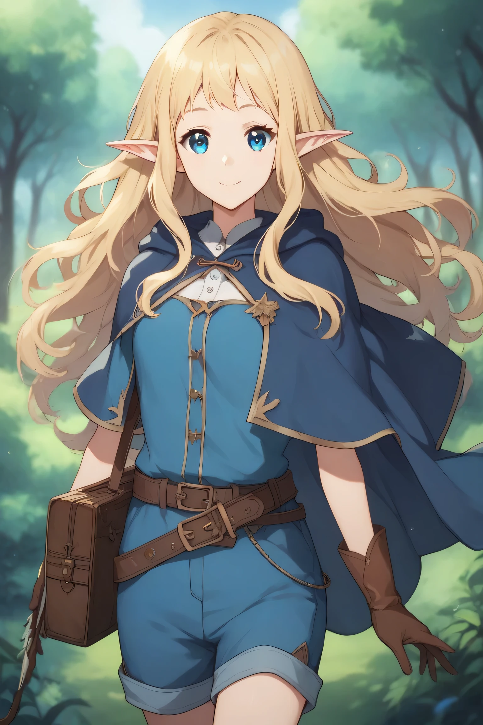 Ai shindou, masterpiece, Best Quality, Elf ,long hair, floating hair, blonde hair, blue sea eye, deeper eyes, elf ears, hoods, blue cloak, blue lightly tunic, gloves, Belt bag, blue shorts, Cowboy Shot, cute smile, forest, Looking at Viewer,Hold the bow and arrow