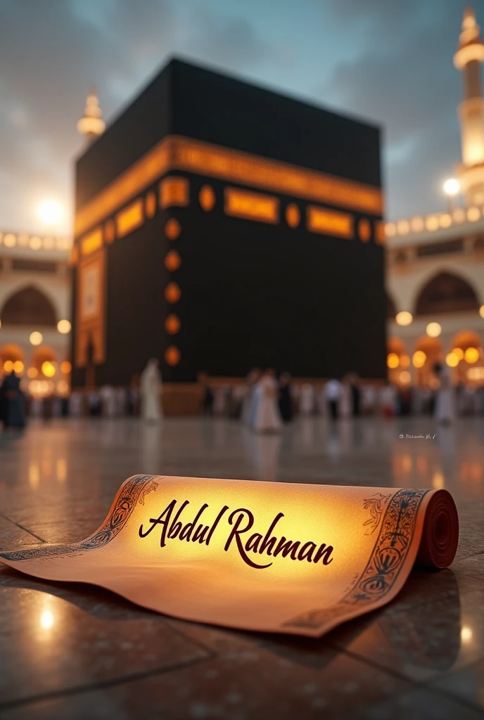 Create a Wallpaper with black Background and mosque Masjid ul Haram and Muslim Kaaba in front. Write on top Good Morning with dark yellow color and embose text effect. Finally written down regards: Muhammad Laique Rahu with golden color embose text effect in bottom