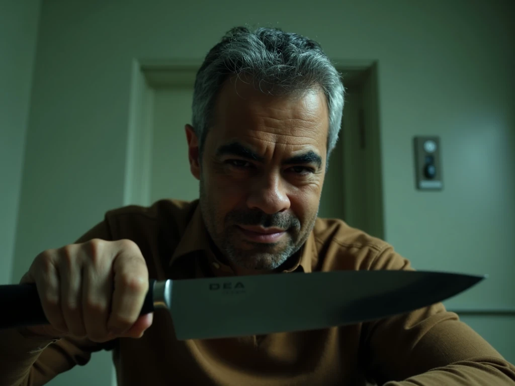 (Pivalora2), (Cinematographic Realism:1.3), a tense and dramatic scene with an older male character with gray hair, wearing a soft brown shirt. The character has a threatening expression, with furrowed eyebrows, narrow eyes and a slight smile. He is holding a bright, reflective kitchen knife in his right hand, prominently positioned in the foreground with his point facing up. The scenery is a dimly lit and confined internal space with soft shades of green and gray, contributing to a courageous and disturbing atmosphere. The discreet lighting creates soft shadows, highlighting the intricate details of the character's face, such as wrinkles and imperfections on the skin, while the metal knife shines in contrast. The background is blurred and minimalist, emphasizing the subject and adding depth to the composition. Photographed from a medium close-up angle with a slightly low perspective, capturing the aggressive and conflicting pose. | cinematic lighting | ultra-realistic textures | dramatic humor | clear focus on the subject | temperamental and atmospheric color palette | professional film level quality.