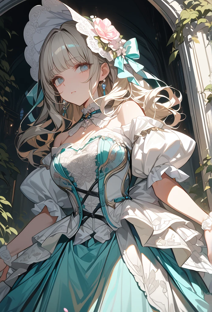 "Masterpiece, best quality, ultra-detailed, high resolution, sharp focus, intricate details, vivid colors, clean outlines, refined rendering.

1girl, silver-blonde hair, blunt bangs, soft gray eyes,
Victorian Rococo gown, pastel teal and ivory color scheme, luxurious fabric, intricate lace details, layered ruffled skirt, delicate floral embroidery, pink satin bows, pearl embellishments, fitted corset bodice, puffed sleeves, off-shoulder design, elegant neckline,  
ornate floral bonnet, decorated with lace, ribbons, and pink flowers,  curly hair, soft waves, natural light,  
standing in a garden, blooming white flowers, vibrant greenery, clear blue sky, soft shadows, elegant and poised pose, feminine and graceful. looking at viewer, calm and composed expression, poised posture.