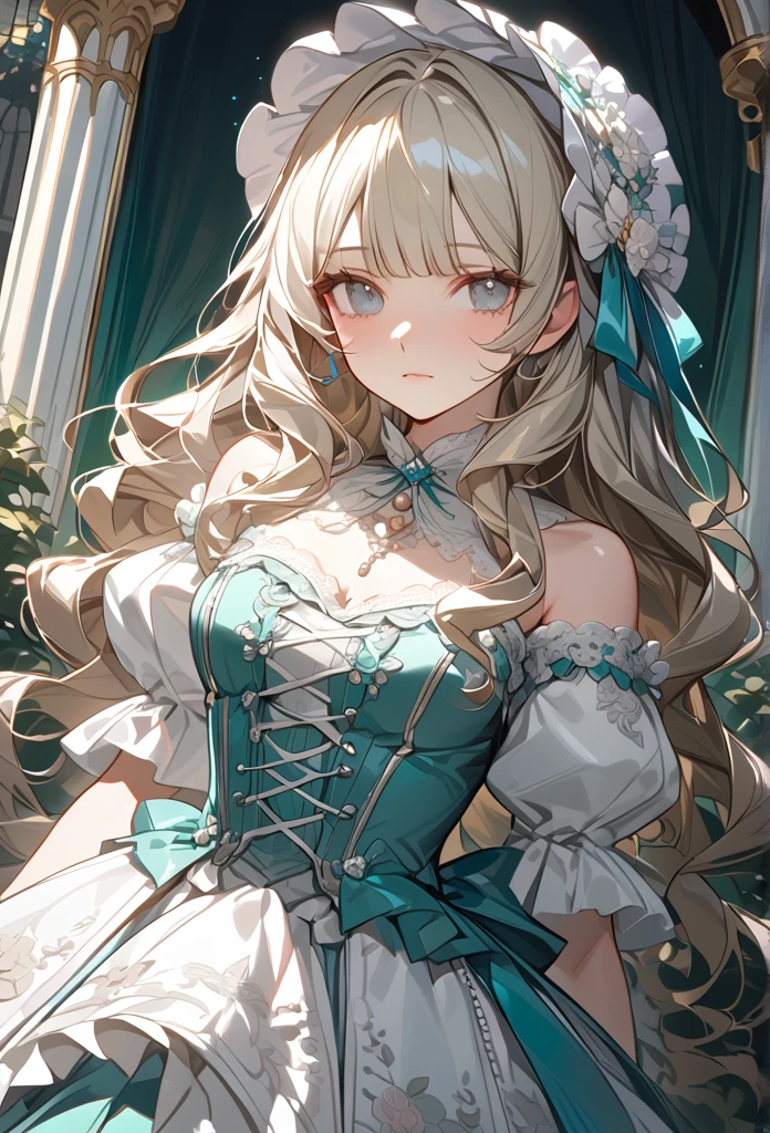 "Masterpiece, best quality, ultra-detailed, high resolution, sharp focus, intricate details, vivid colors, clean outlines, refined rendering.

1girl, silver-blonde hair, blunt bangs, soft gray eyes,
Victorian Rococo gown, pastel teal and ivory color scheme, luxurious fabric, intricate lace details, layered ruffled skirt, delicate floral embroidery, pink satin bows, pearl embellishments, fitted corset bodice, puffed sleeves, off-shoulder design, elegant neckline,  
ornate floral bonnet, decorated with lace, ribbons, and pink flowers,  curly hair, soft waves, natural light,  
standing in a garden, blooming white flowers, vibrant greenery, clear blue sky, soft shadows, elegant and poised pose, feminine and graceful. looking at viewer, calm and composed expression, poised posture.