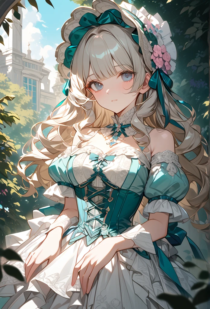 "Masterpiece, best quality, ultra-detailed, high resolution, sharp focus, intricate details, vivid colors, clean outlines, refined rendering.

1girl, silver-blonde hair, blunt bangs, soft gray eyes,
Victorian Rococo gown, pastel teal and ivory color scheme, luxurious fabric, intricate lace details, layered ruffled skirt, delicate floral embroidery, pink satin bows, pearl embellishments, fitted corset bodice, puffed sleeves, off-shoulder design, elegant neckline,  
ornate floral bonnet, decorated with lace, ribbons, and pink flowers,  curly hair, soft waves, natural light,  
standing in a garden, blooming white flowers, vibrant greenery, clear blue sky, soft shadows, elegant and poised pose, feminine and graceful. looking at viewer, calm and composed expression, poised posture.