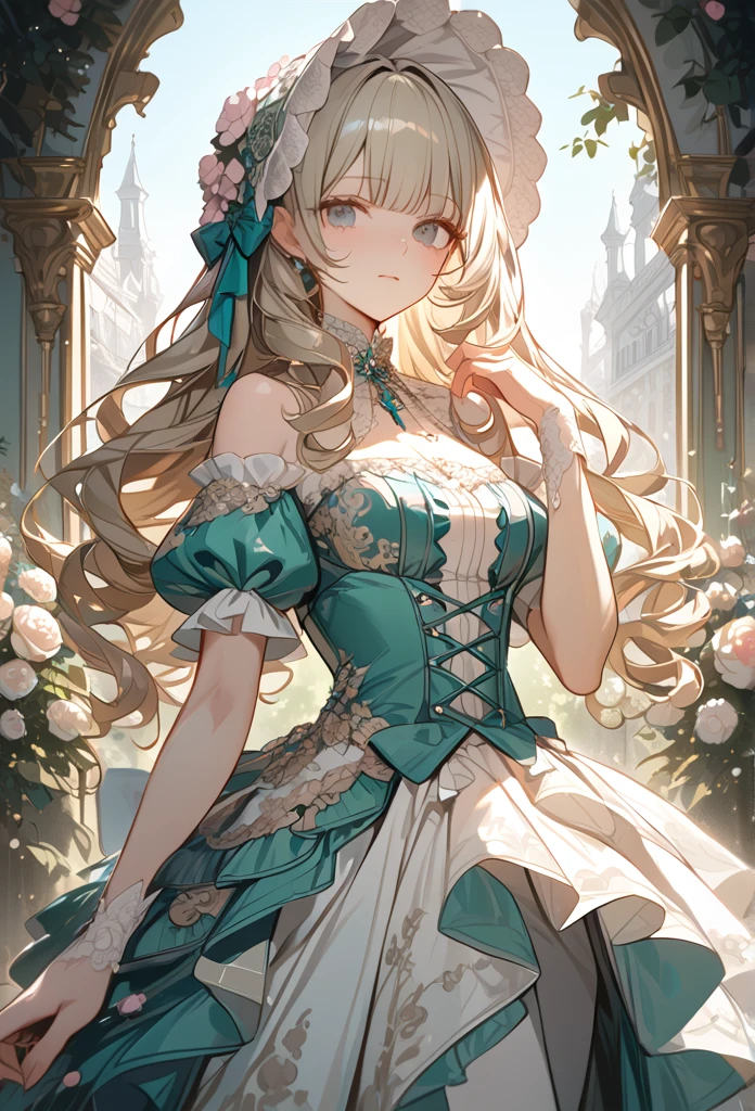 "Masterpiece, best quality, ultra-detailed, high resolution, sharp focus, intricate details, vivid colors, clean outlines, refined rendering.

1girl, silver-blonde hair, blunt bangs, soft gray eyes,
Victorian Rococo gown, pastel teal and ivory color scheme, luxurious fabric, intricate lace details, layered ruffled skirt, delicate floral embroidery, pink satin bows, pearl embellishments, fitted corset bodice, puffed sleeves, off-shoulder design, elegant neckline,  
ornate floral bonnet, decorated with lace, ribbons, and pink flowers,  curly hair, soft waves, natural light,  
standing in a garden, blooming white flowers, vibrant greenery, clear blue sky, soft shadows, elegant and poised pose, feminine and graceful. looking at viewer, calm and composed expression, poised posture.