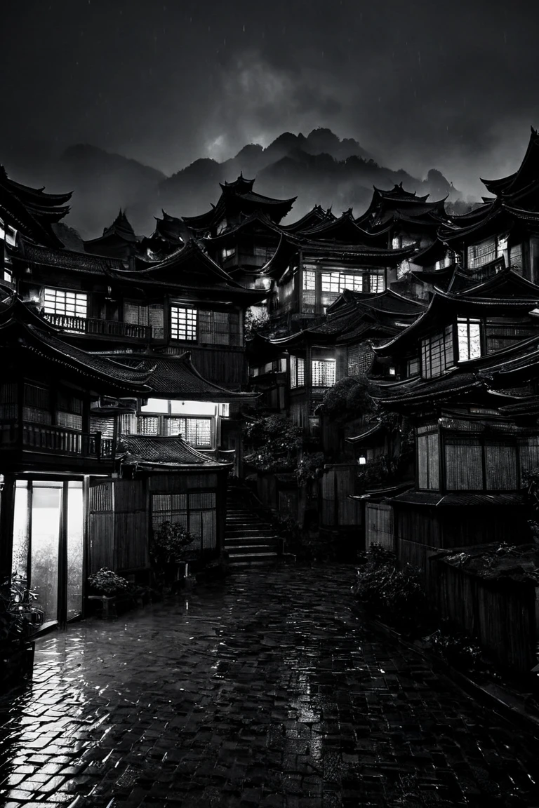 A sprawling medieval Chinese village under the cover of darkness, shrouded in heavy rain and thick clouds that obscure the moon and stars. The village is composed of tightly clustered wooden houses with curved tiled roofs, their surfaces glistening under the steady downpour. Dim lanterns flicker in some windows, struggling to pierce the oppressive darkness. Narrow cobblestone streets wind through the village, water pooling and streaming along the uneven stones. A central pagoda rises above the rooftops, its silhouette barely visible against the stormy sky. Surrounding the village are dense bamboo groves and distant mountains, their forms fading into the mist and shadows. The air is cold and filled with the constant sound of rain, broken only by the occasional creak of wood and rustling leaves in the stormy breeze. So dark