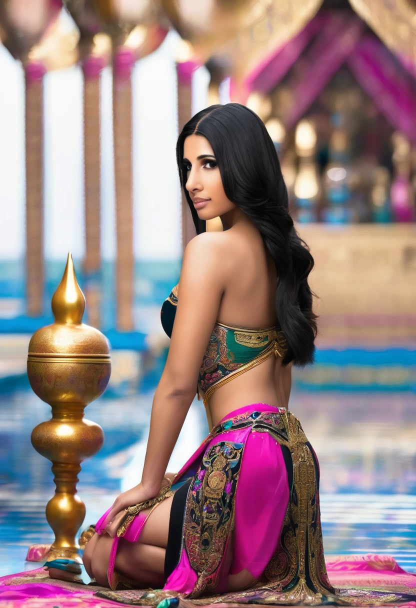 BustyPrincess Jasmine ( Naomi Scott),(big breasts), ultra realistic, photography, long black straight hair, elegant hair, ( hazel eyes, hourglass figure, perfect fit body, natural big breasts), femme fatale, Princess jasmine costume slit on the sides showing her thighs, oriental background, view from below her, front view, big breasts, deep cleavage, showing her thighs 