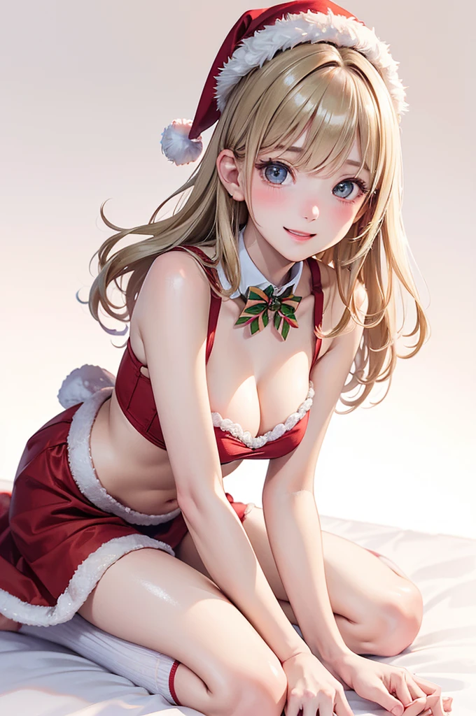 (masterpiece), (best quality), (detailed), light layer, 1solo girl, young girl, perfect body, blonde hair, defined chest, defined collarbone, ultra realistic, photorealistic, detailed, ,Enhance, wearing a santa suit with thigh high red boots and santa cap, outside, black of night, snowflake pattern, lying on the snow to the side, side view