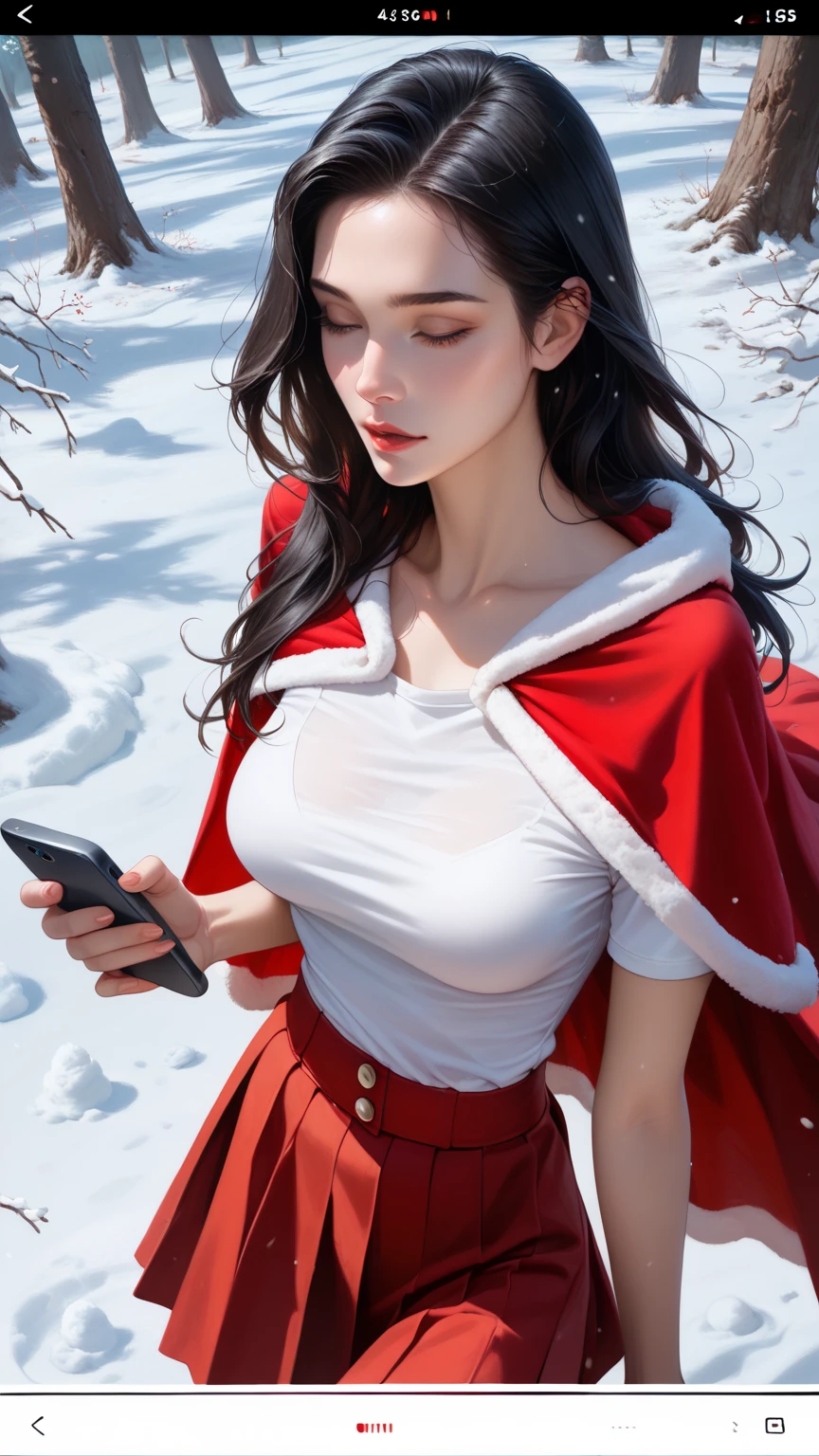 score_9,score_8_up,score_7_up,high res image,masterpiece,best quality,realistic,1girl,santa_costume,white_shirt,(red cape:1.2),(red skirt:1.2),snow,(upper_body:1.2),(dynamic_angle:1.3),(medium breasts:1.3),(phone_screen:1.4),,(black hair:1.3),