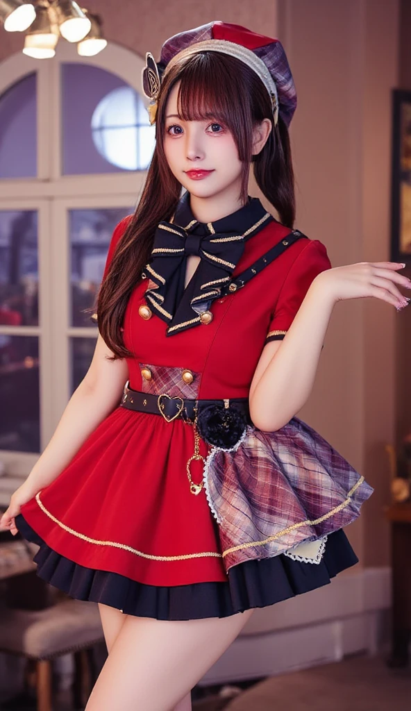 A hyper-realistic portrait of a beautiful -yeld Jaese girl santa dressed as an idol. She has long, golden-brown hair and sparkling bright eyes. Her outfit is a stylish idol uniform in shades of red and black, featuring a short pleated skirt, a fitted top with frills, and matching accessories. She is smiling radiantly in a cheerful pose, standing confidently on a stage setting with soft spotlights and a dreamy, vibrant atmosphere. Highly detailed and realistic lighting, with sharp facial features and smooth textures.