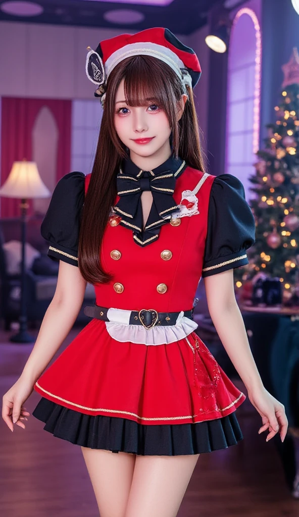 A hyper-realistic portrait of a beautiful **-****-*** Japanese girl santa dressed as an idol. She has long, golden-brown hair and sparkling bright eyes. Her outfit is a stylish idol uniform in shades of red and black, featuring a short pleated skirt, a fitted top with frills, and matching accessories. She is smiling radiantly in a cheerful pose, standing confidently on a stage setting with soft spotlights and a dreamy, vibrant atmosphere. Highly detailed and realistic lighting, with sharp facial features and smooth textures.