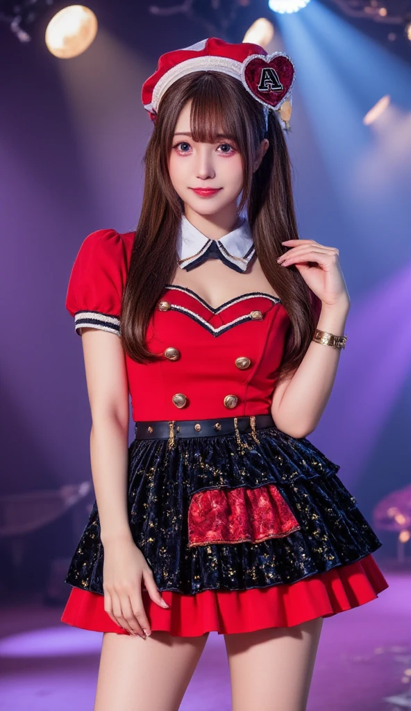 A hyper-realistic portrait of a beautiful -yeld Jaese girl santa dressed as an idol. She has long, golden-brown hair and sparkling bright eyes. Her outfit is a stylish idol uniform in shades of red and black, featuring a short pleated skirt, a fitted top with frills, and matching accessories. She is smiling radiantly in a cheerful pose, standing confidently on a stage setting with soft spotlights and a dreamy, vibrant atmosphere. Highly detailed and realistic lighting, with sharp facial features and smooth textures.